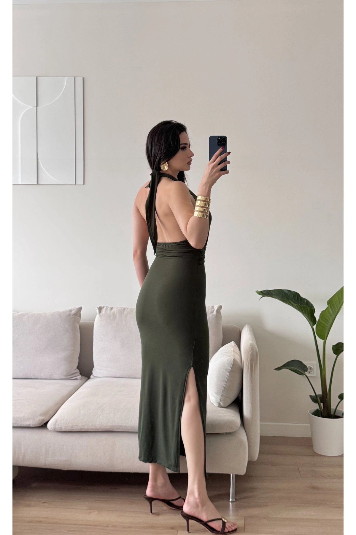 Neck Tie Buckle Long Dress - Khaki