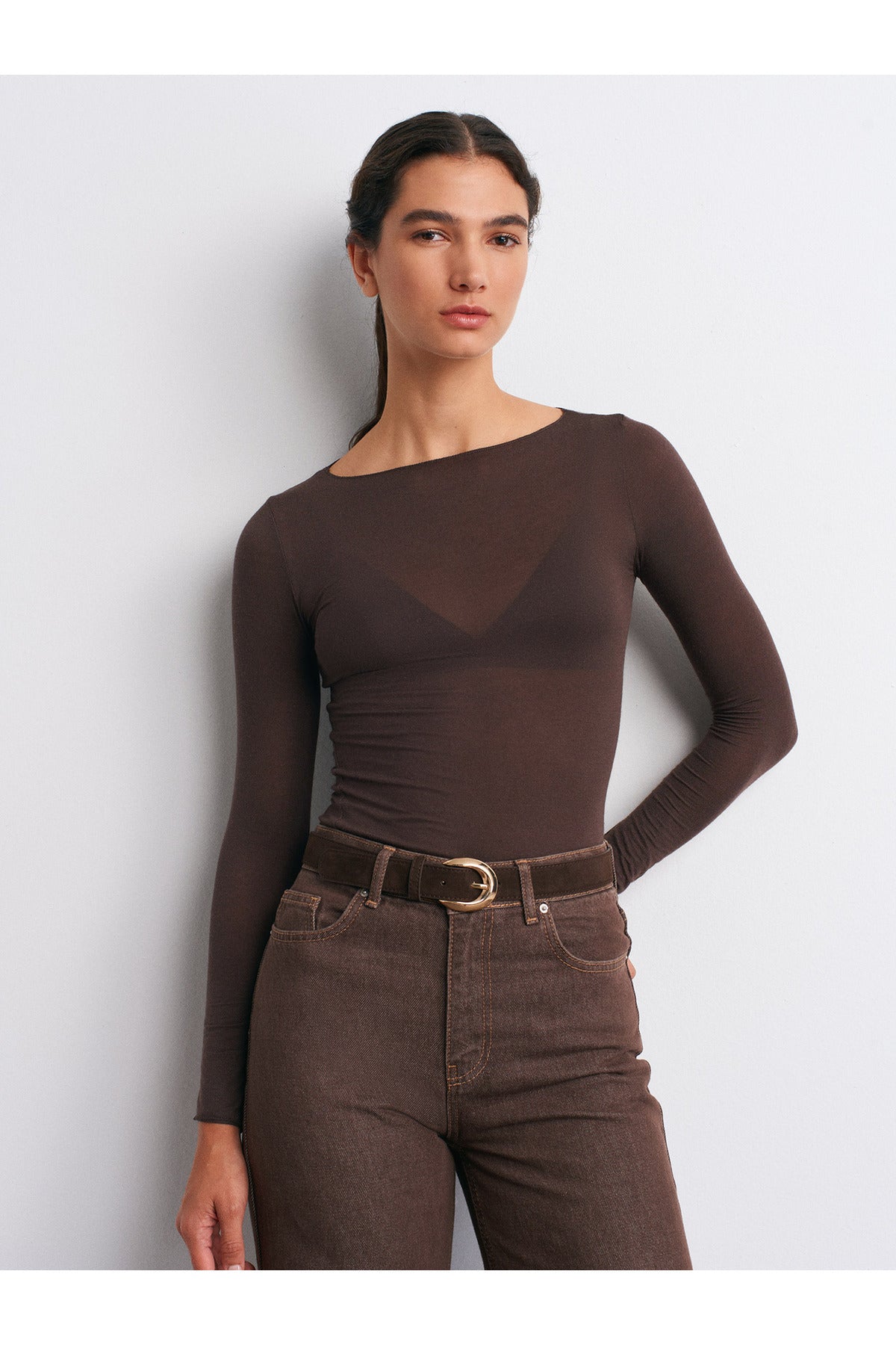 Boat Neck Cashmere-Blend Modal Blouse - Brown
