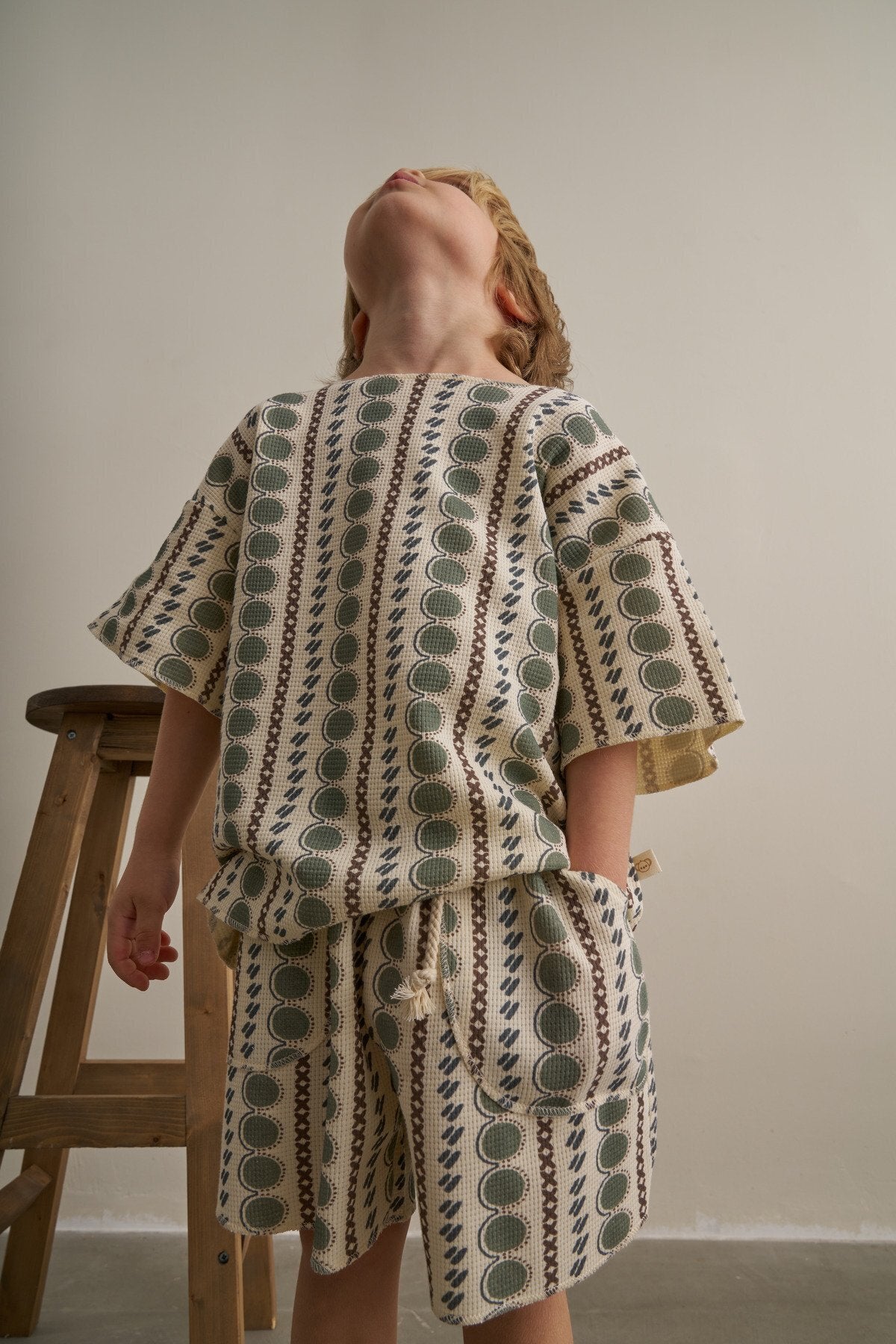 Kids cream waffle two-piece shorts set boho floral print