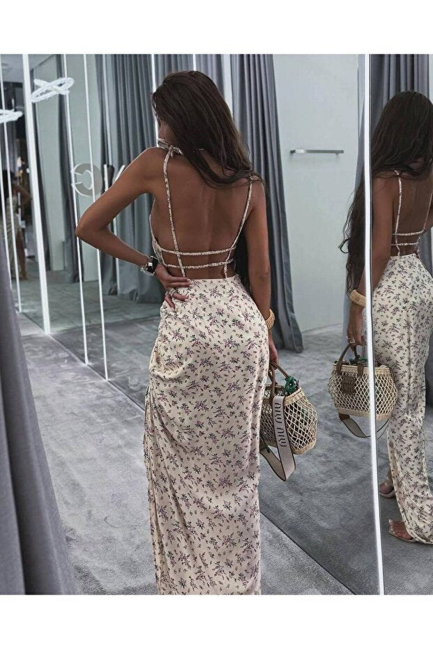 Women's Flower Patterned Backless Slit Dress - Image 6