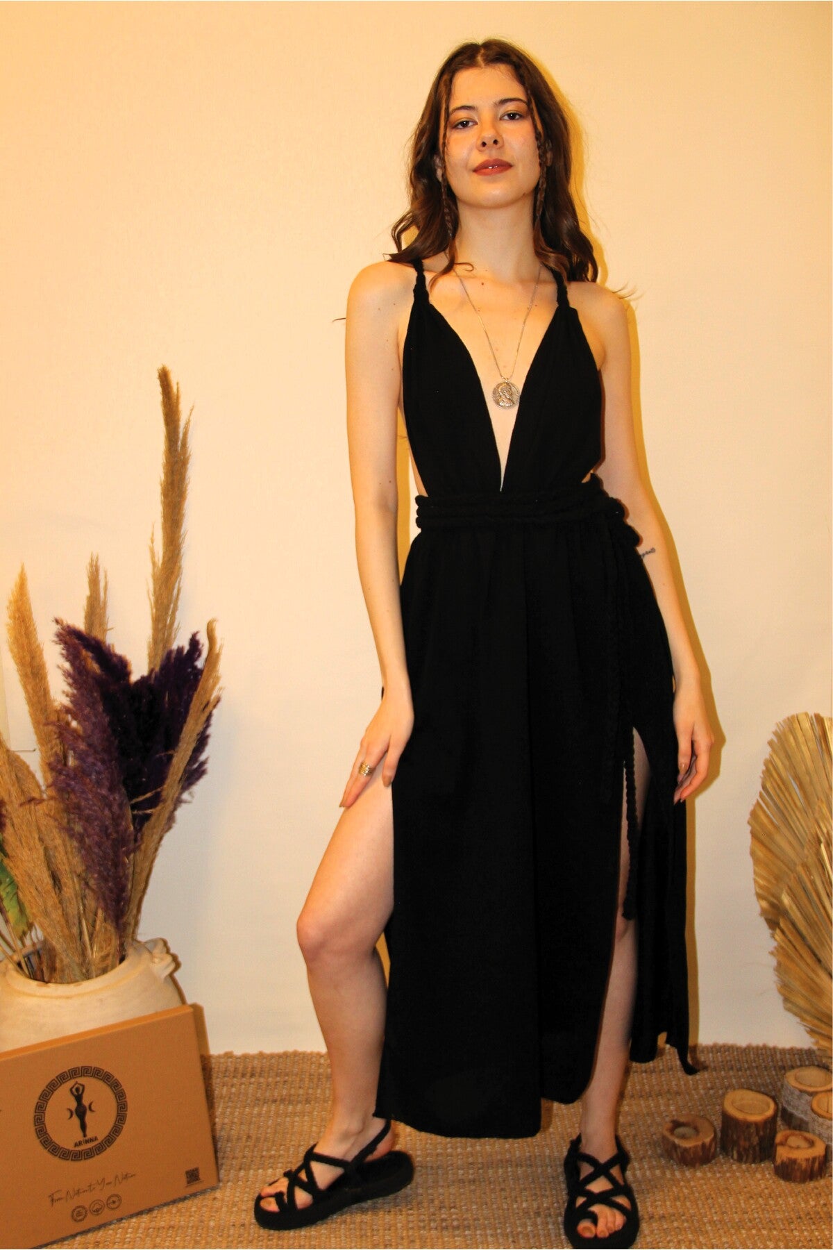 Arinna Side Knitted Strappy Slit Luna Dress – Black
