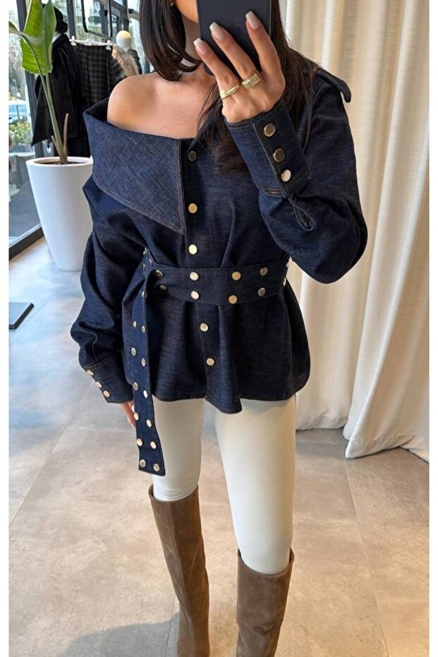 Women's Tassel Detail Belted Design Shirt Navy