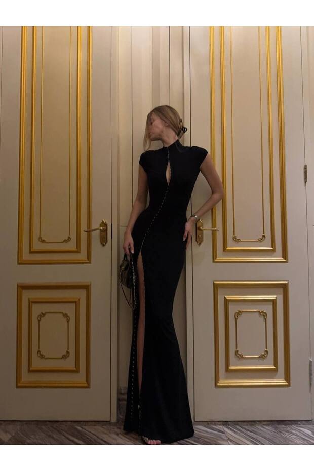 Women's Black Agraf Detailed Maxi Dress