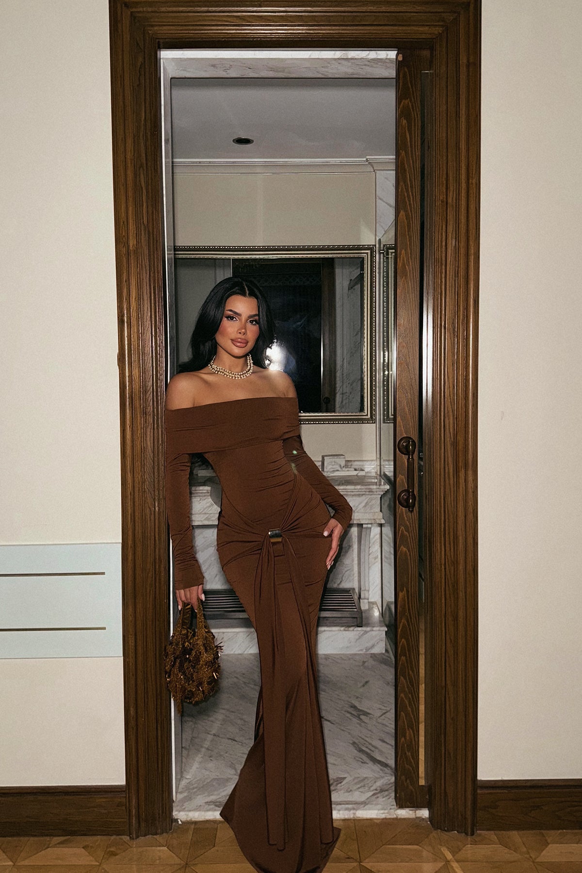 "Fallon" Boat Neck Long Sleeve Maxi Dress - Brown