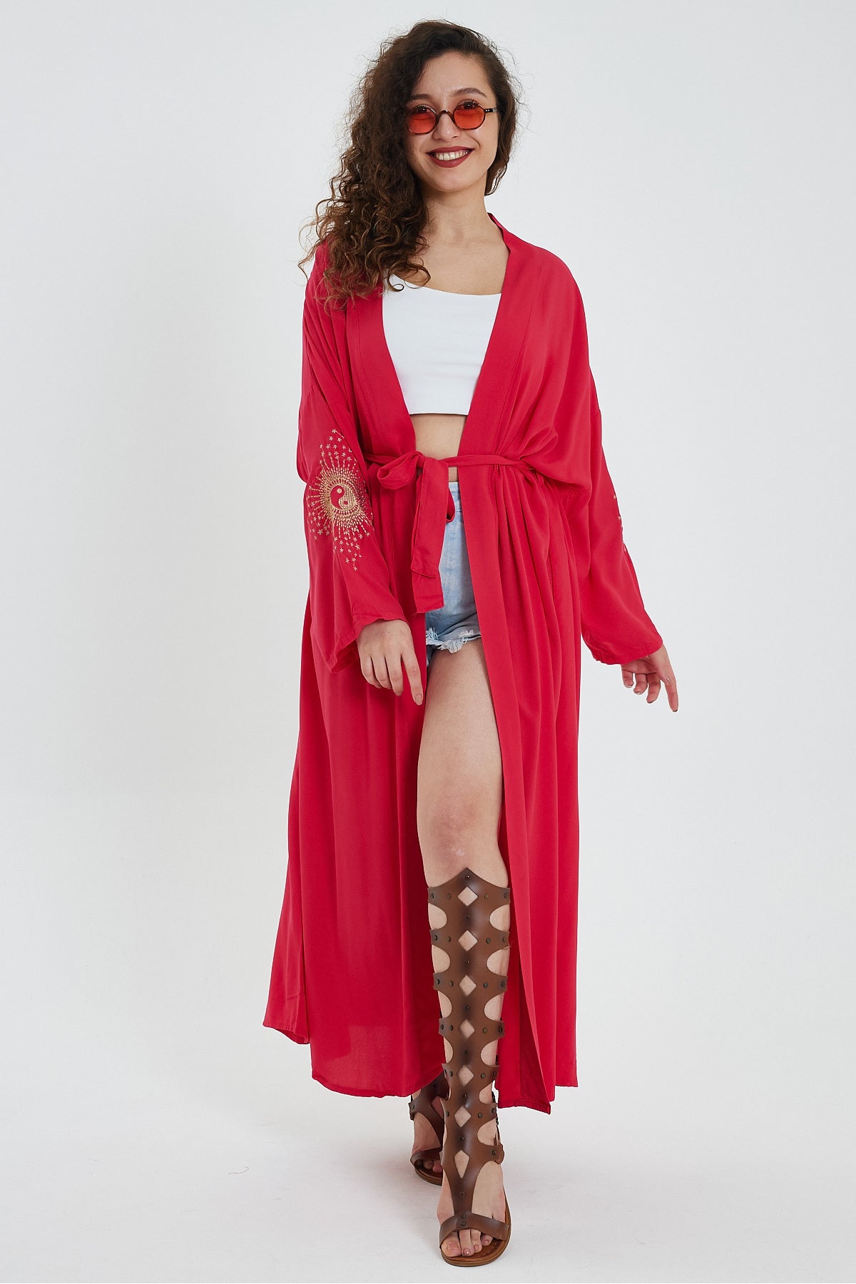 Denis Moda Women's Embroidered Belted Kimono – Red