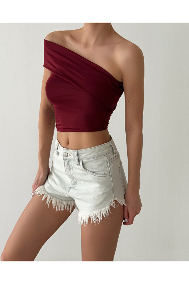 Women's One Shoulder Gathered Blouse - Burgundy