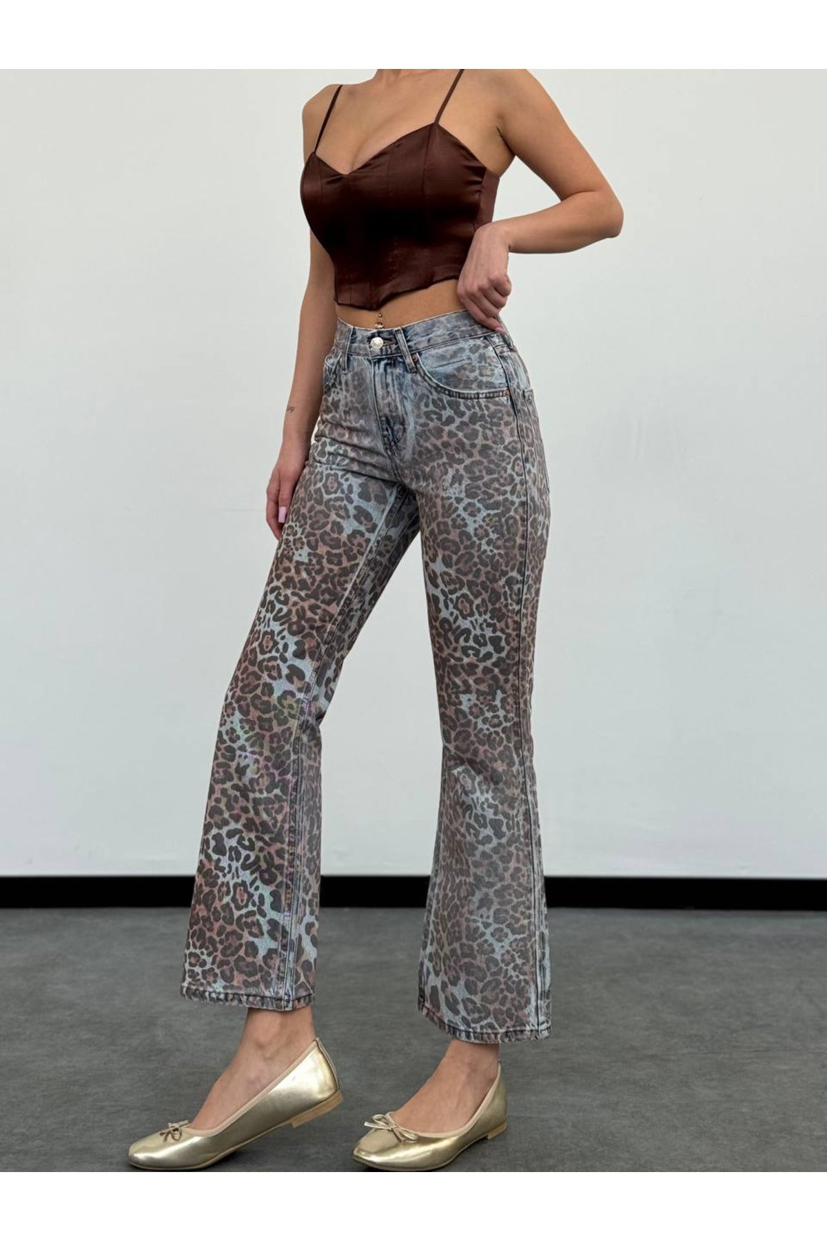 High-Waist Cropped Flare Jean Trousers - Blue