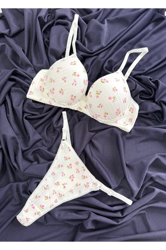İNKO floral print white bra and thong lingerie set