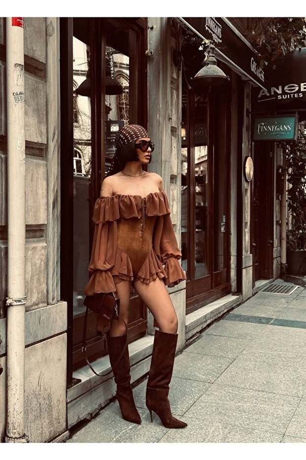 Women's Suede Detailed Design Jumpsuit - Brown - Image 2
