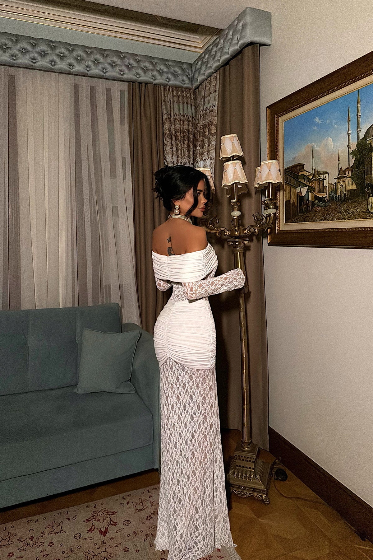 EYYO Ellodie White Off-Shoulder Lace Long Dress - Detail