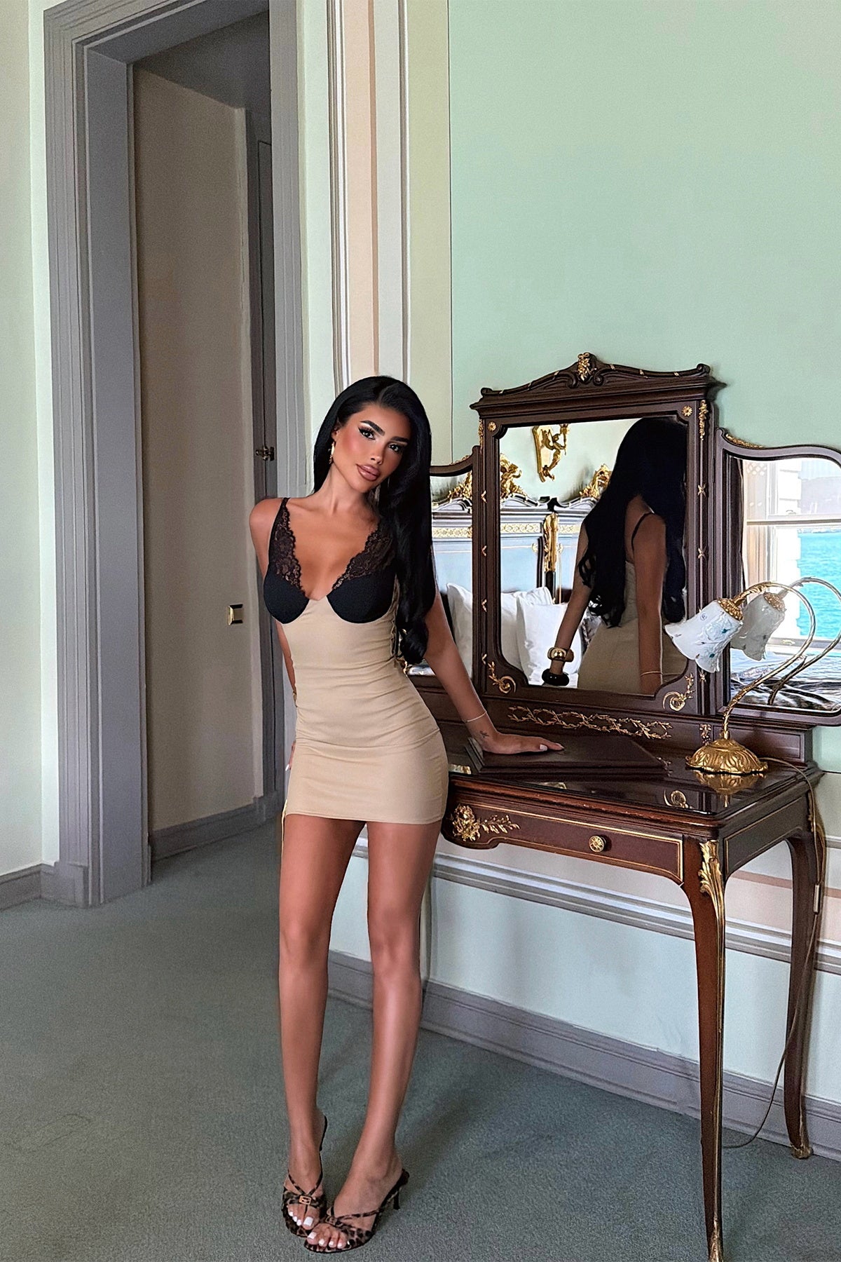 Eyyo Natia beige black lace mini dress side