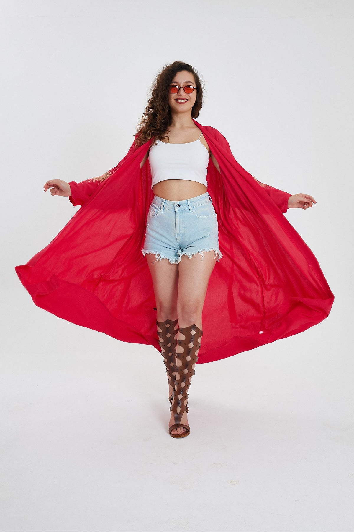 Denis Moda Women's Embroidered Belted Kimono – Red