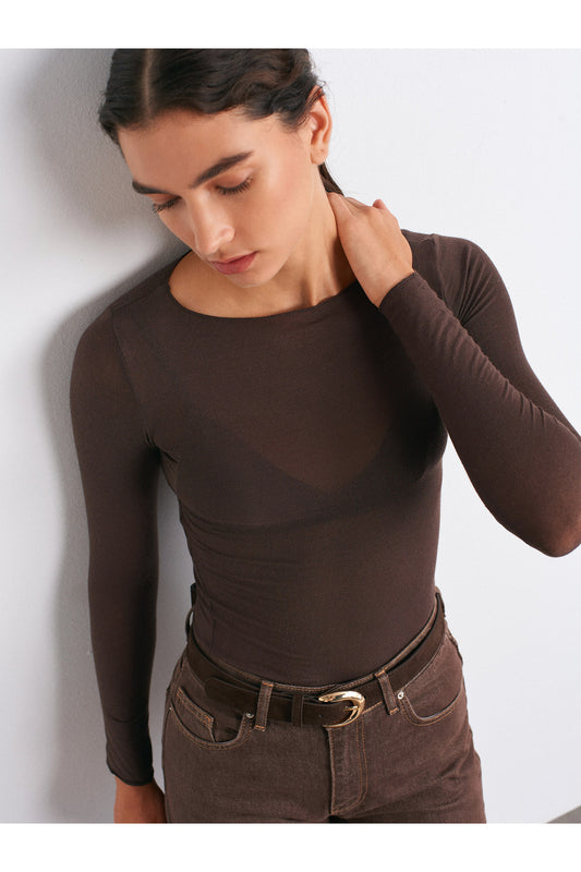 Boat Neck Cashmere-Blend Modal Blouse - Brown
