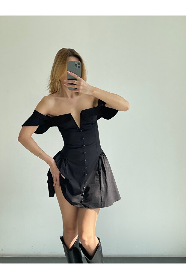 Back-Tie Poplin Mini Women's Dress - Black - Tie detail