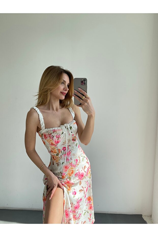 Women's White Floral Patterned Slit Midi Dress - Detail 1