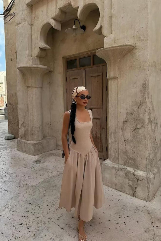 EYYO Beige Long Sleeve Maxi Dress - Front View