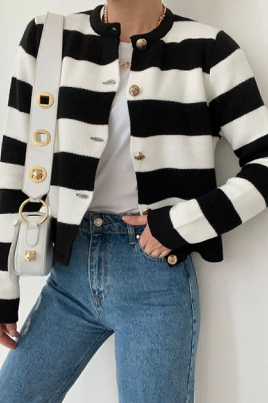 BOLESA SUADIYE Striped Knit Short Cardigan - Black