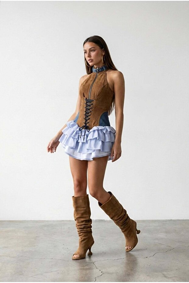 Women's Suede Detailed Design Dress - Image 3