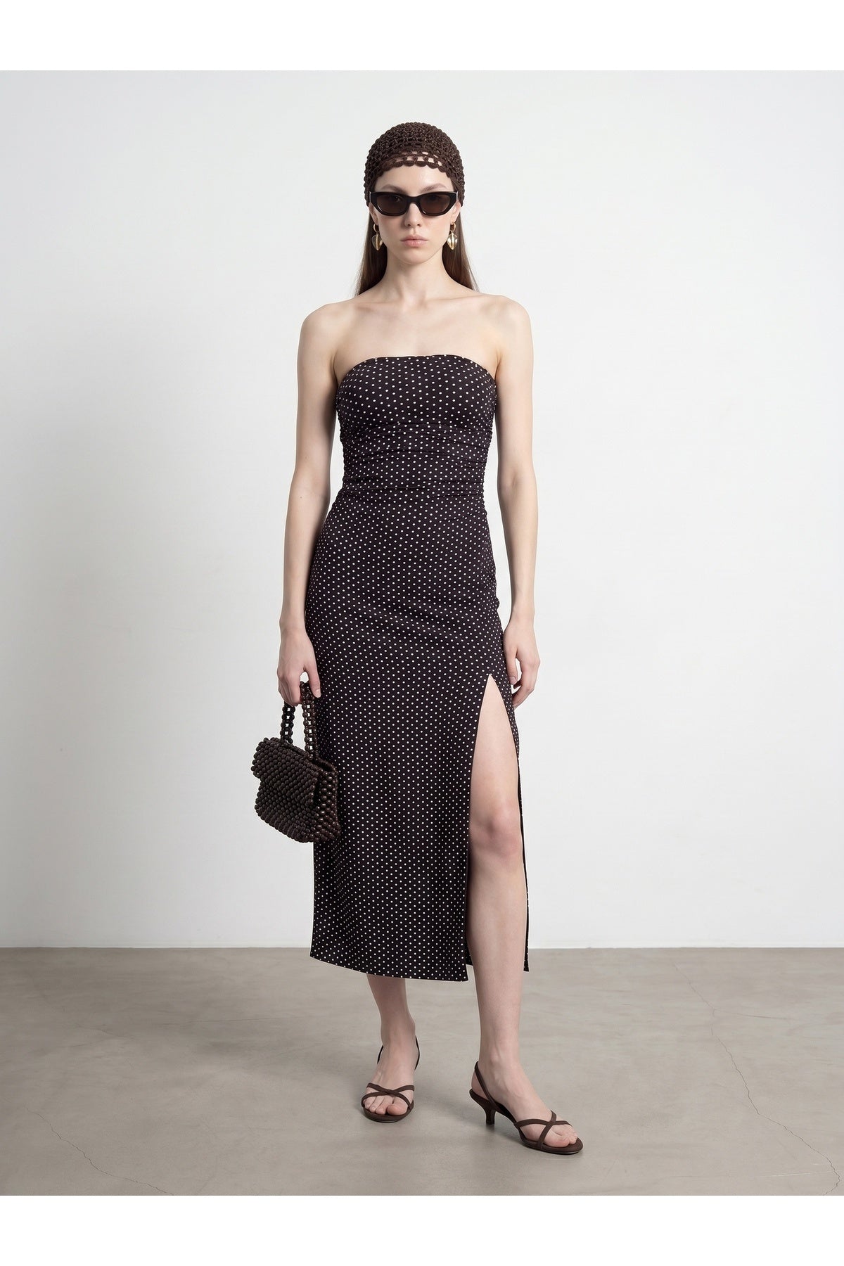 Lyocell-Blend Strapless Polka Dot Slit Midi Dress - Dark Brown