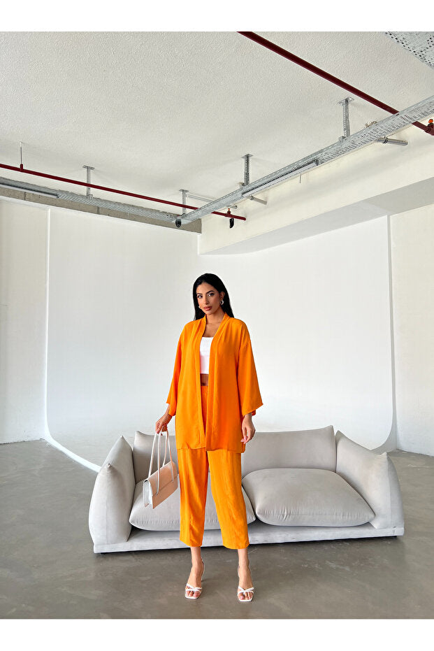 Women's Kimono Trousers Set - Orange