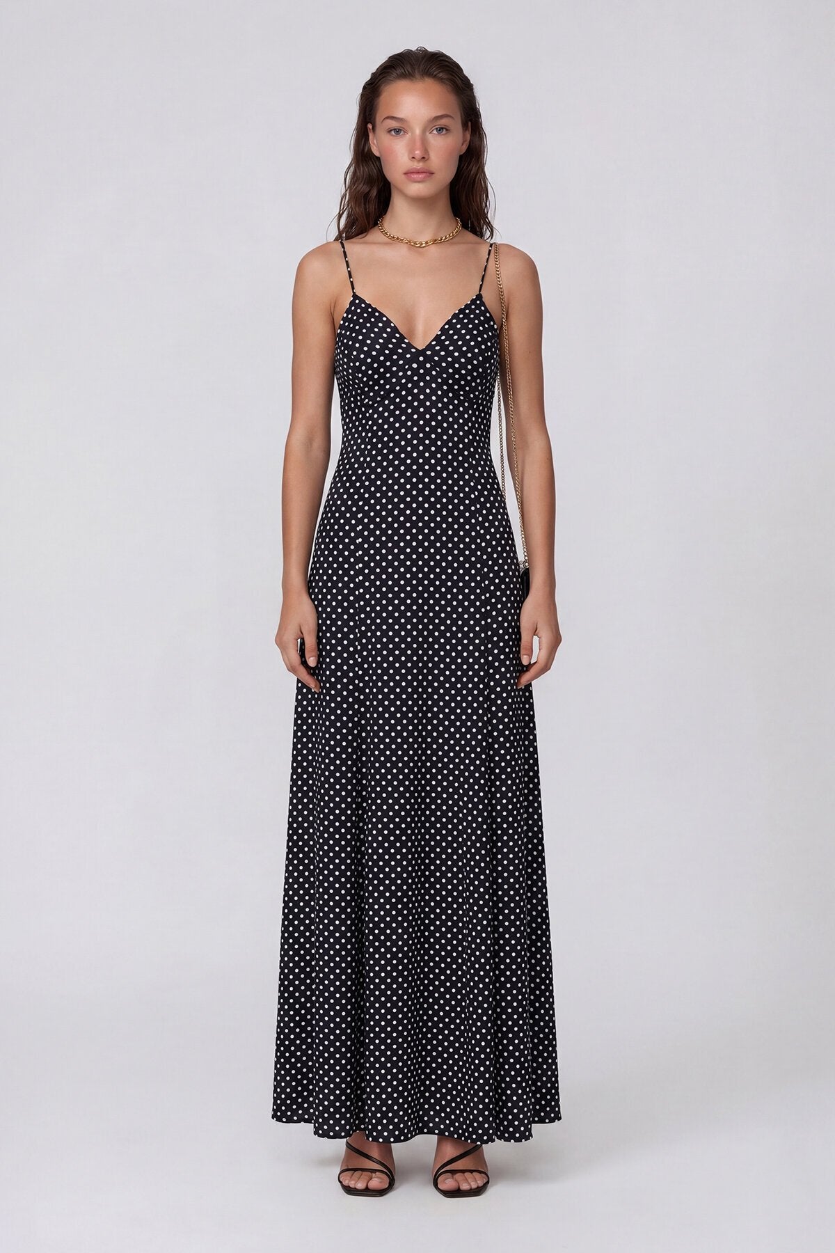 VAGGON Thin Strap Polka Dot Patterned Textured Maxi Dress - View 6