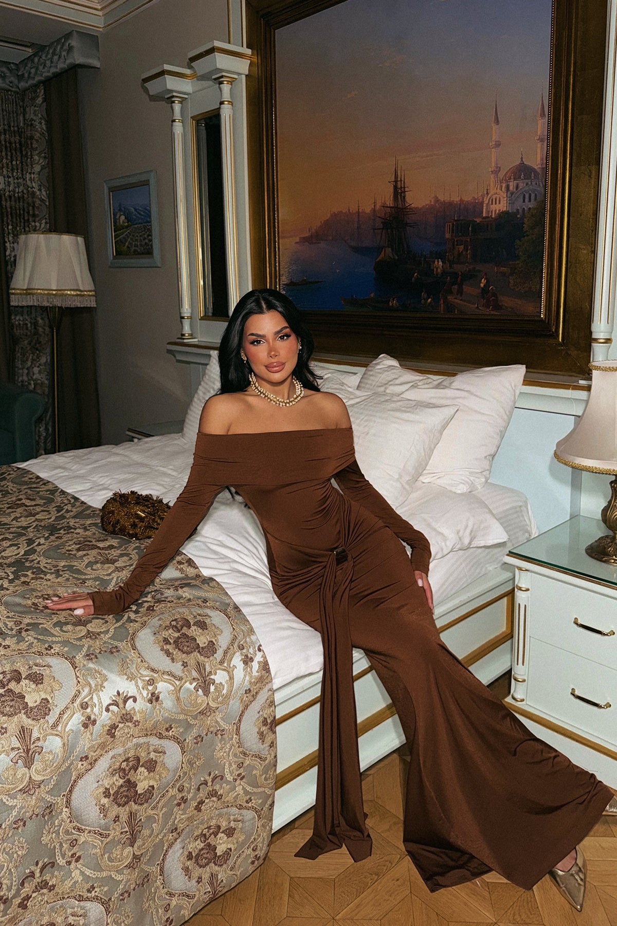 "Fallon" Boat Neck Long Sleeve Maxi Dress - Brown