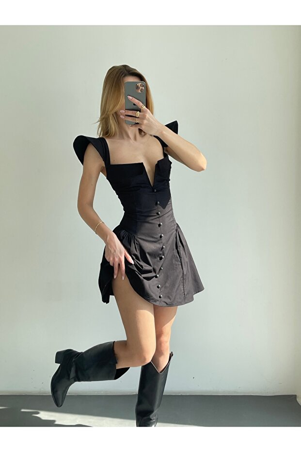 Back-Tie Poplin Mini Women's Dress - Black - Flat lay