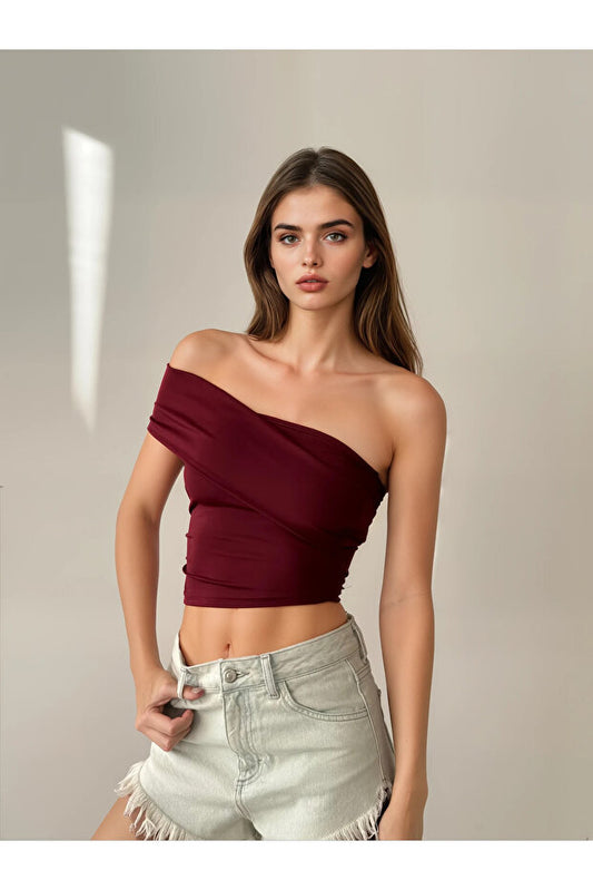 Women's One Shoulder Gathered Blouse - Burgundy