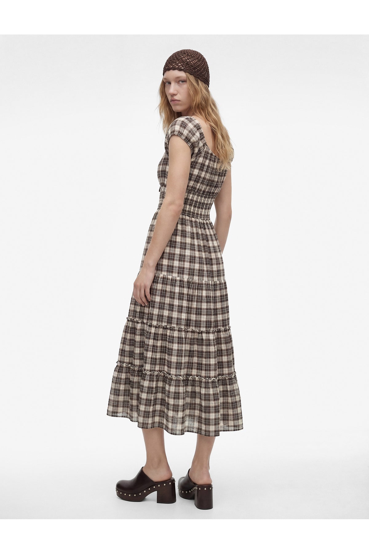 Koton Plaid Tiered Smocked Midi Dress Grey