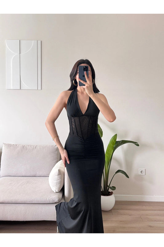 Waist Corset Maxi Dress - Brown
