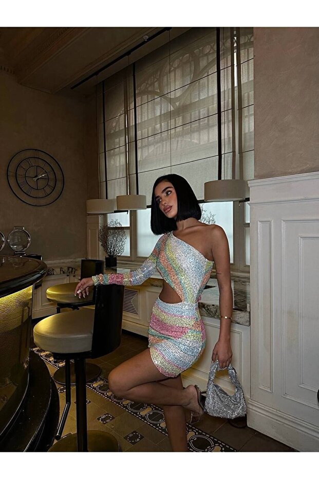 Women's Sequined Cut-Out One Shoulder Dress - Side view