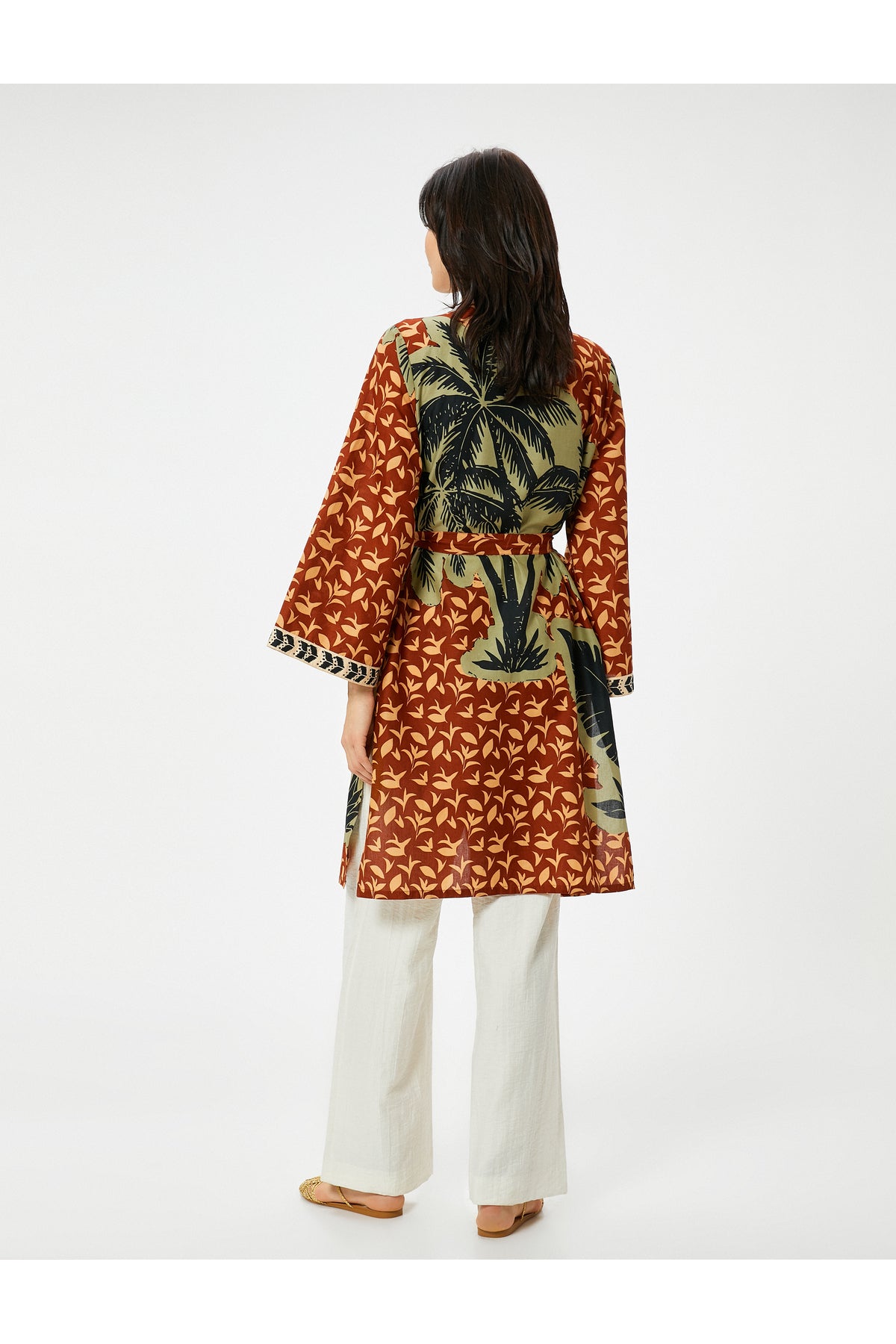 Koton Uzun Kimono Beli Kuşaklı Desenli