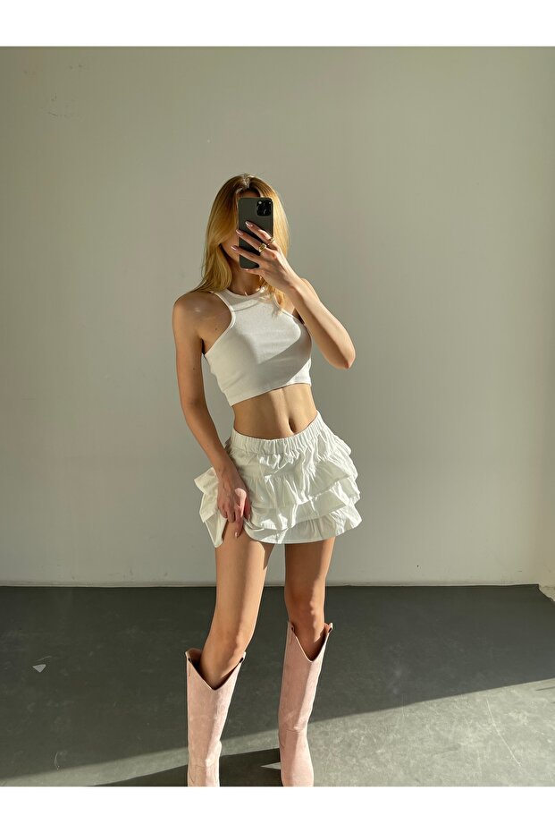 Women's Ruffled Mini Skirt with Shorts - Multicolor - 5