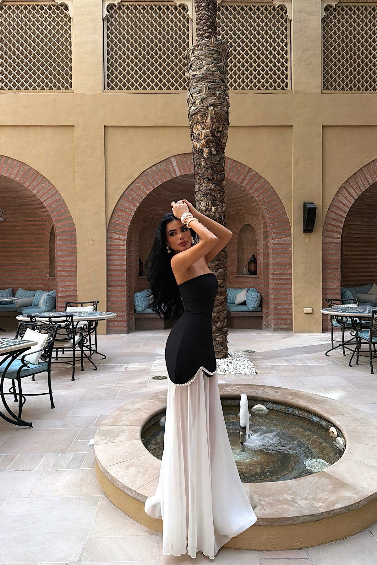 "Outta" Strapless Pearl Detail Long Evening Dress - Black