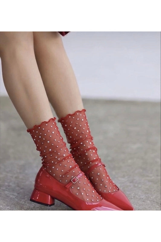Red Sequin Tulle Knee-High Socks