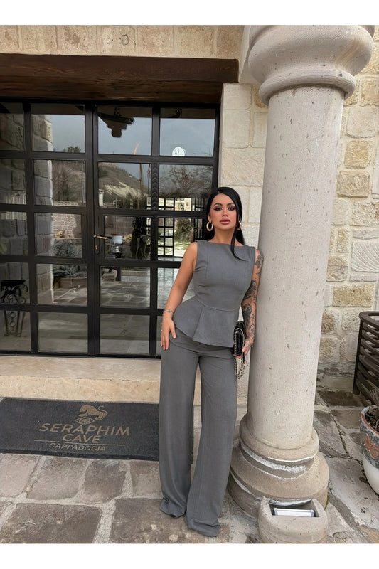 Grey Zero Sleeve Waist-fitted Set