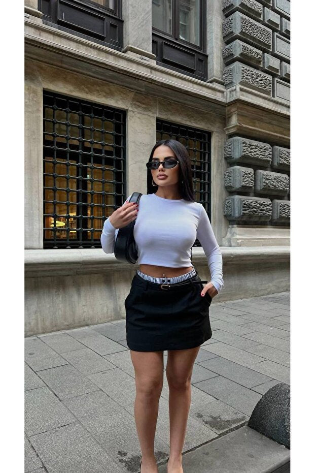 Women's Boxer Detailed Mini Skirt - Black