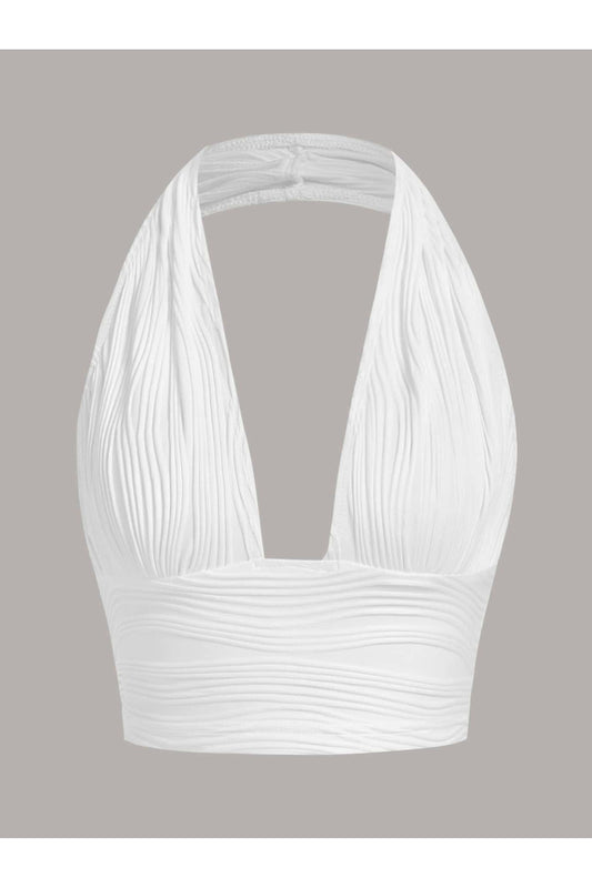 Jacquard Halter Neck Crop Blouse - White