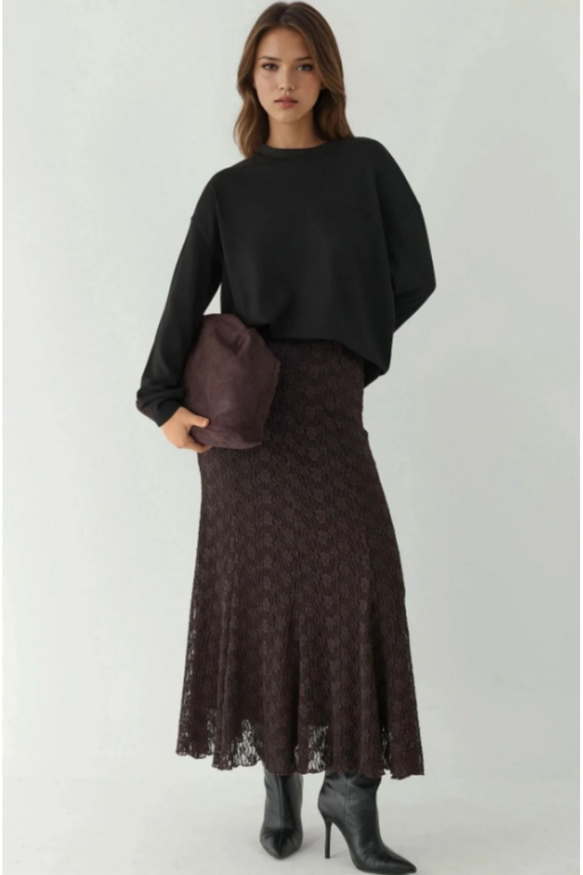 High Waist Lace Long Skirt - Brown