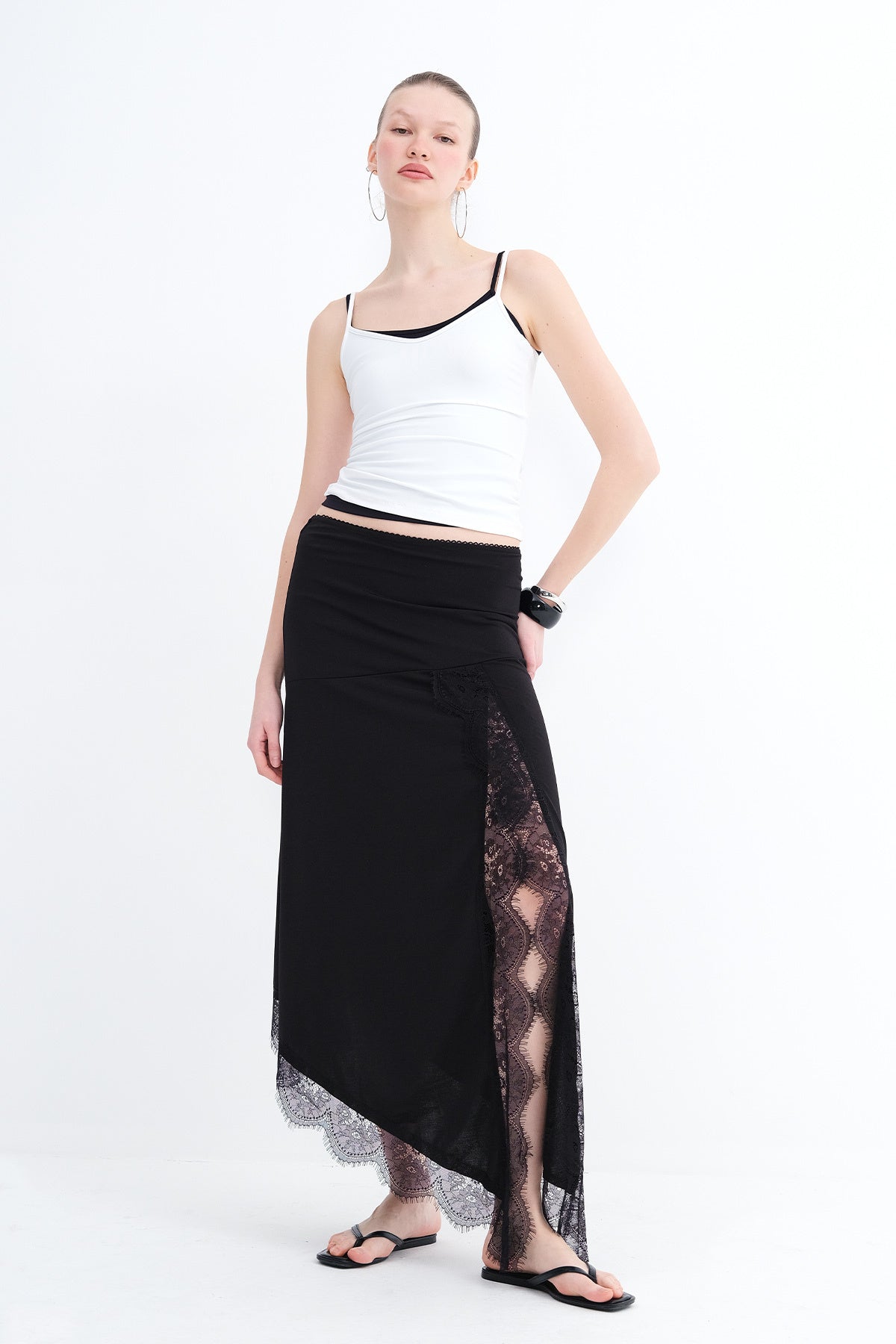 Asymmetric Cut Lace Detail Skirt E381 - Black front