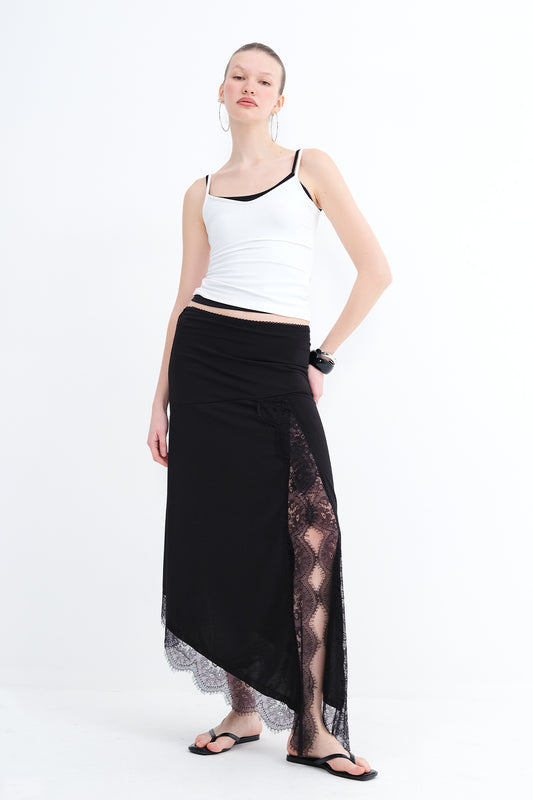 Asymmetric Cut Lace Detail Skirt E381 - Black front