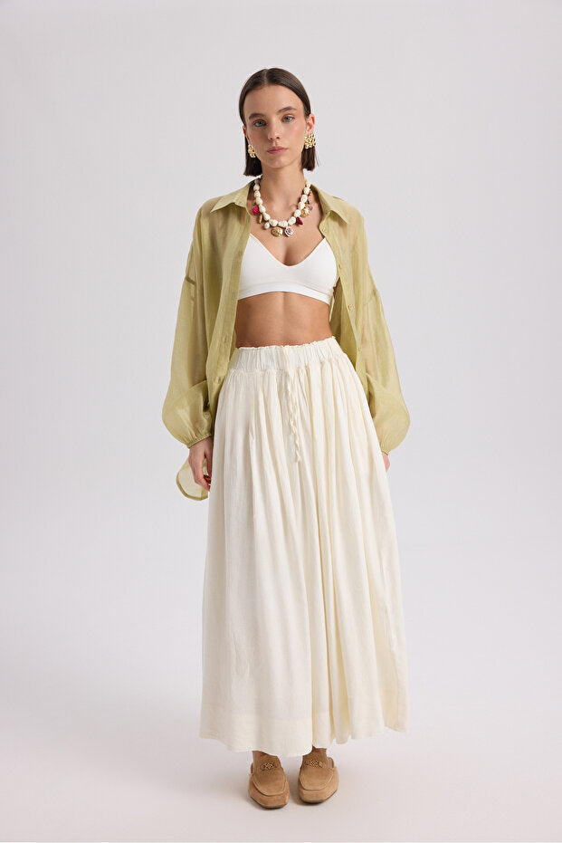 Gabbiano Lace-Up Pleated Ecru Linen Skirt - 3
