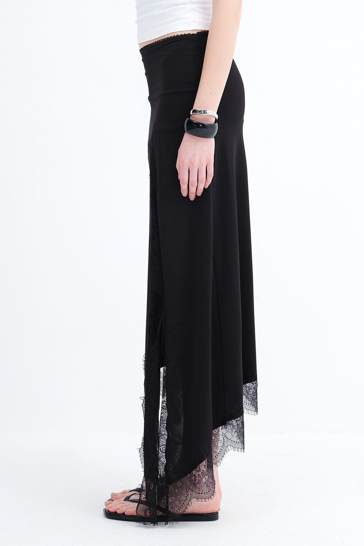 Asymmetric Cut Lace Detail Skirt E381 - Black