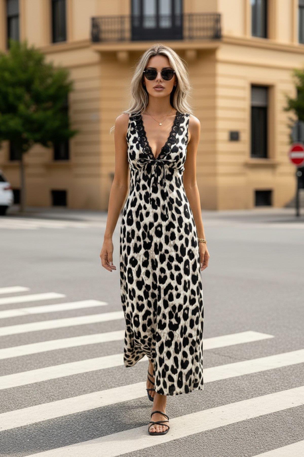 Mossta deep V-neck lace-up long leopard jersey dress front view