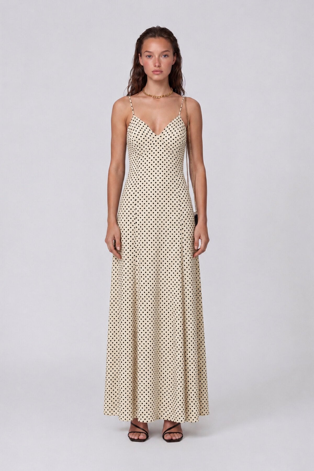 VAGGON Thin Strap Polka Dot Patterned Textured Maxi Dress - View 3