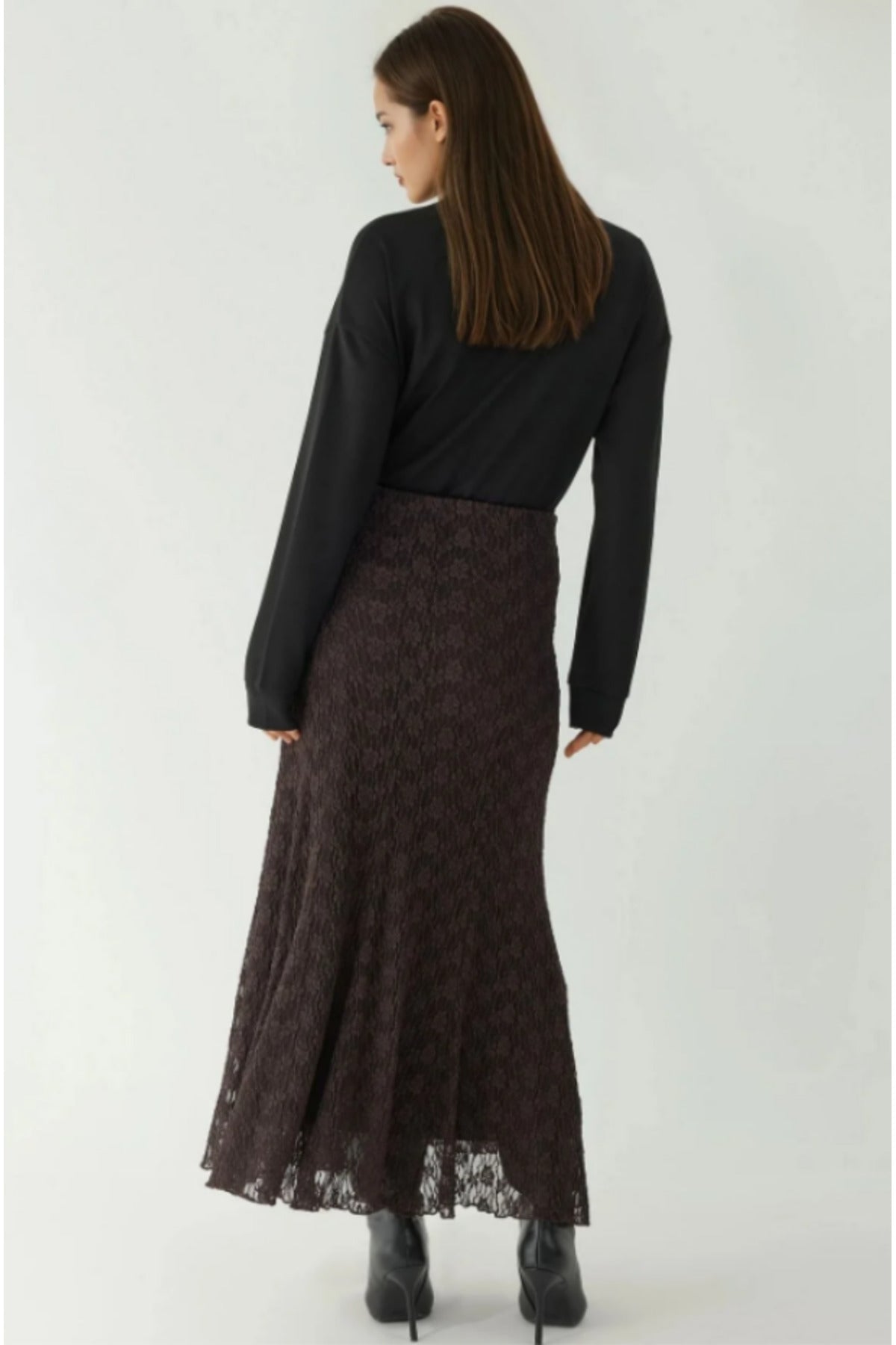 High Waist Lace Long Skirt - Brown