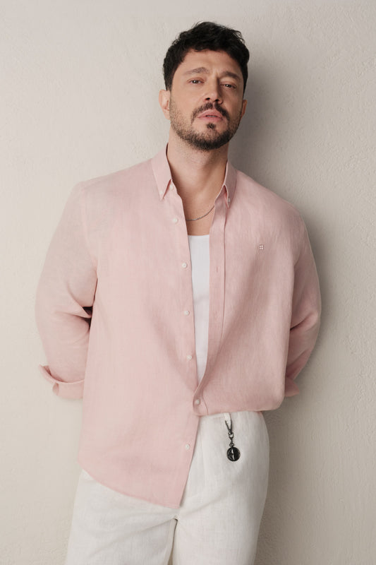 AVVA Men's Dark Pink Linen Shirt - Front