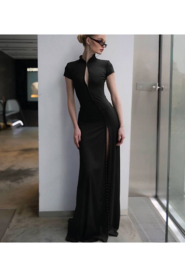 Women's Black Agraf Detailed Maxi Dress