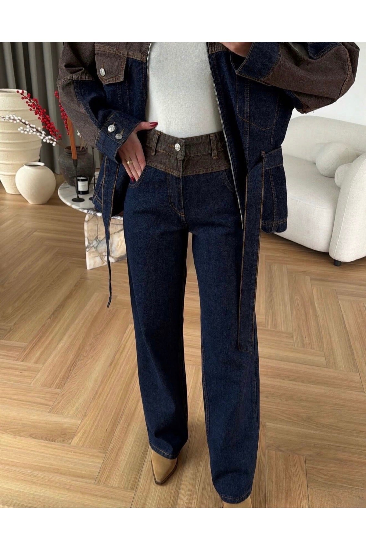EKIM STORE Contrast Tie-Front Zip-Up Denim Jacket & Pants Set