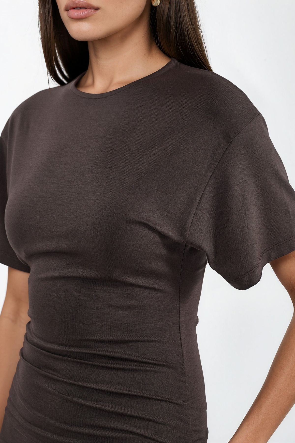 Hiccup Busem Drape-Detail High-Neck Mini T-Shirt Dress – Brown